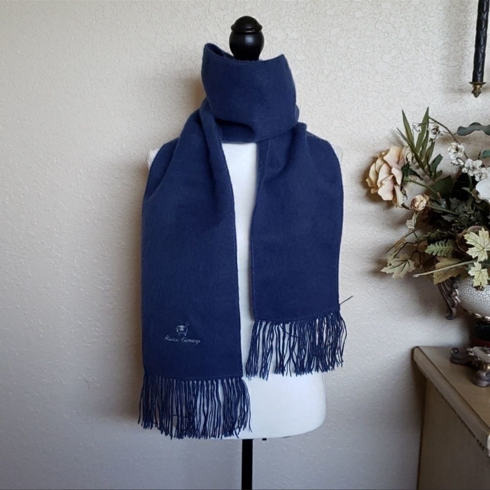 Alpaca Wool Camargo Navy Blue Fringe Hem Embroidered Logo Scarf